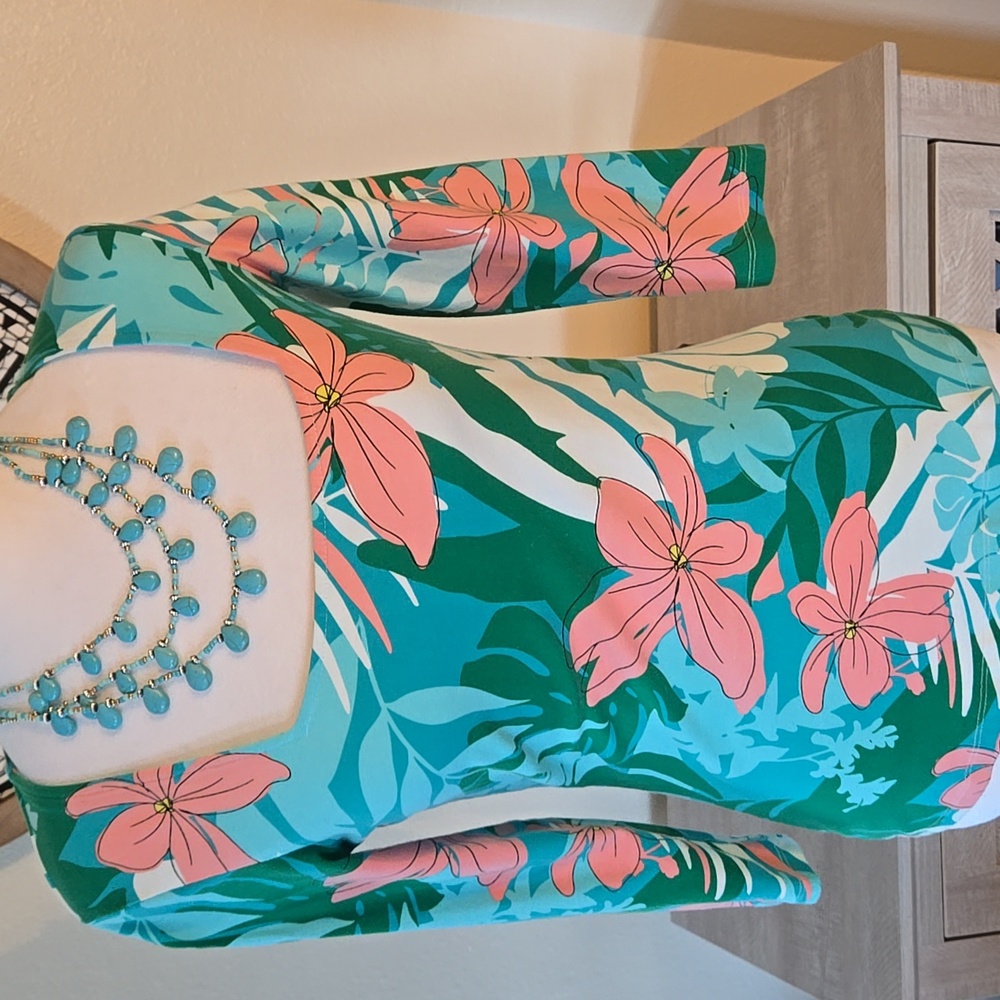 Boston Proper Teal and Coral Floral 3/4 Long Sleeve Top